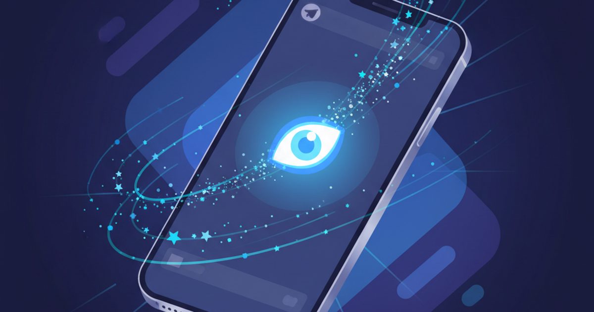 An illustration of a Telegram post on a phone, with the view counter glowing as blue stars, representing Premium views, flow towards it.