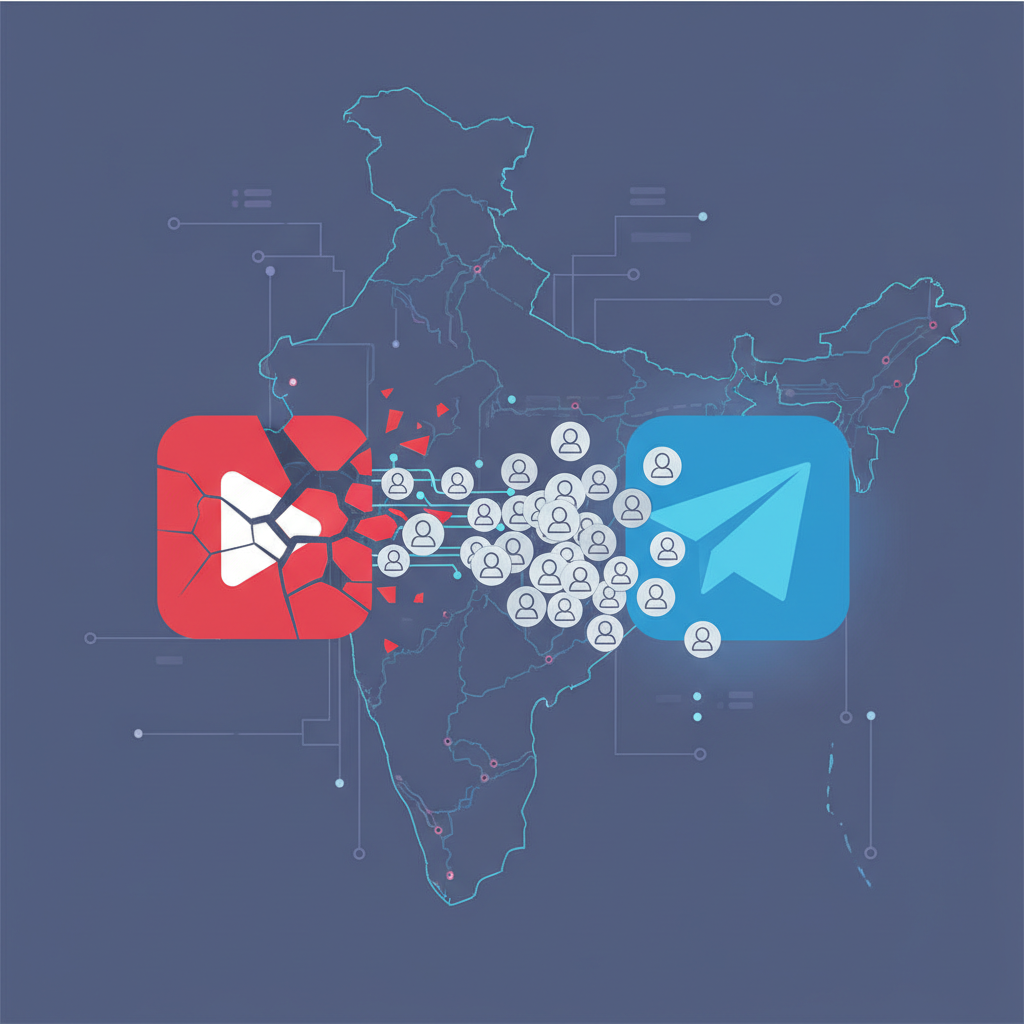 An abstract representation of the Indian digital market, with icons flowing from a banned app towards Telegram.