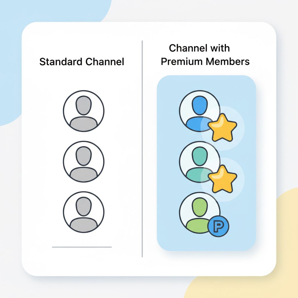 Comparison of a Telegram member list without Premium badges and one with Premium badges, showing increased credibility.