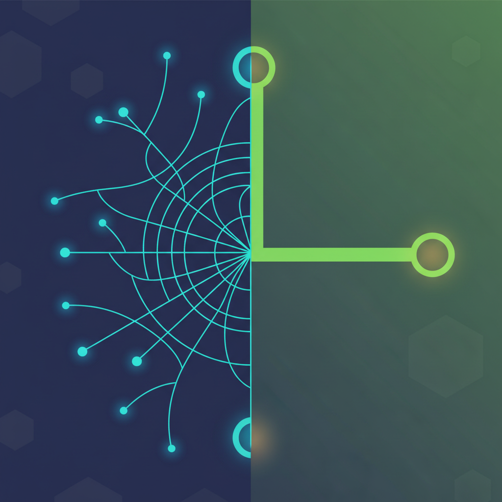 A branching network for Telegram vs. a point-to-point line for Signal, showing their different communication models.