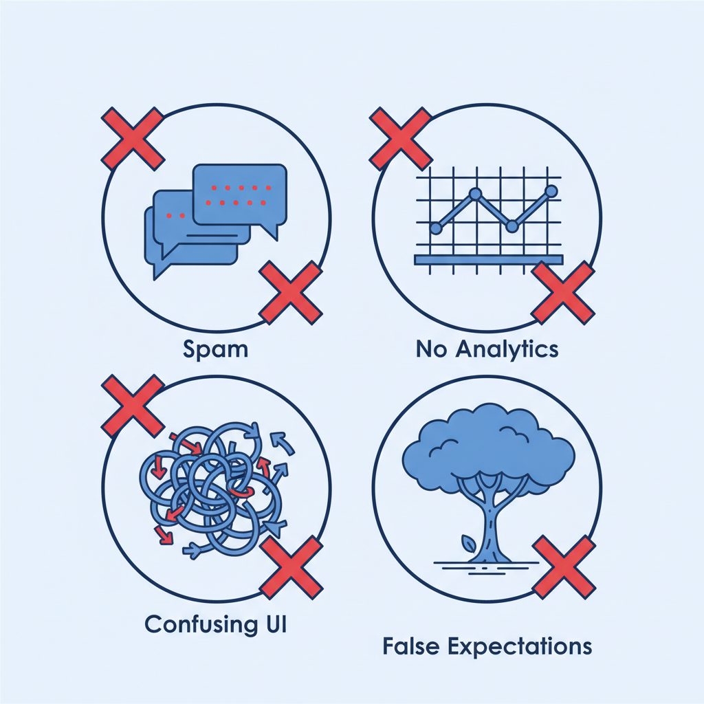 A diagram illustrating common mistakes in bot promotion. Icons for 'Spam', 'No Analytics', 'Confusing UI', and 'False Expectations' are.