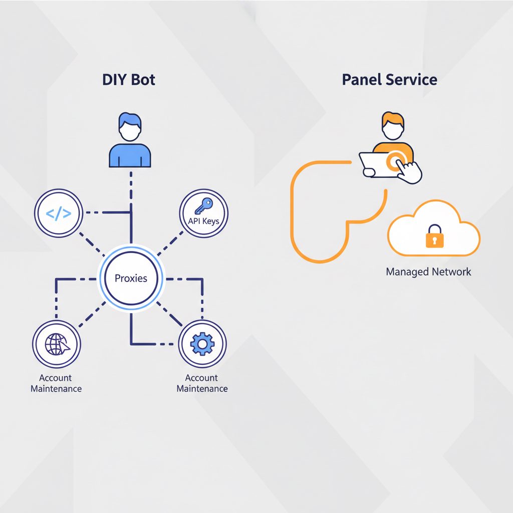 A diagram comparing a complex DIY bot setup with a simple panel service order. On the left, a user juggles code, APIs, and proxies. On the.