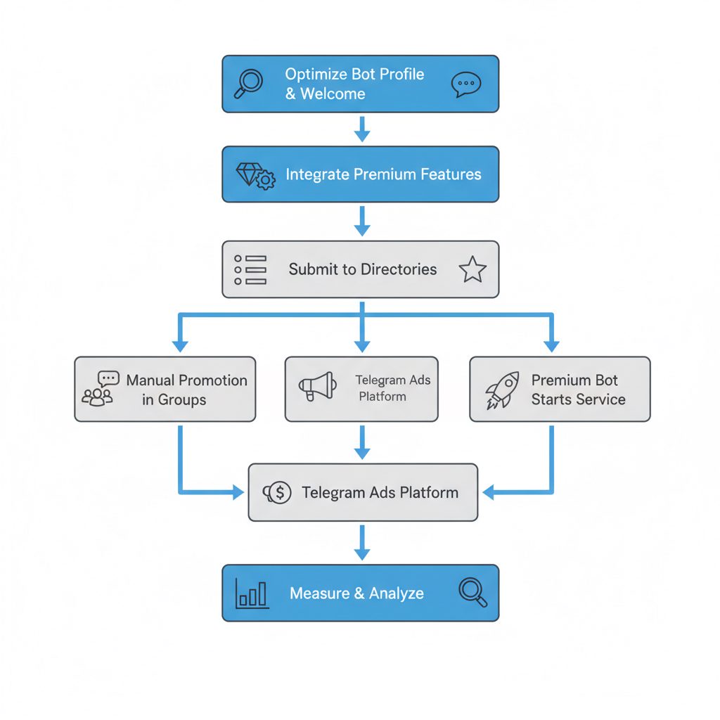 A flowchart showing the process of promoting a Telegram bot, starting with 'Optimize Bot Profile', leading to 'Manual Promotion', 'Telegram.