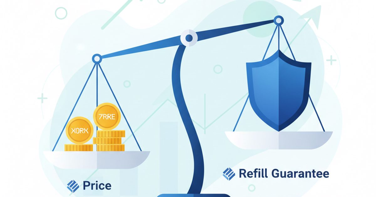 An illustration of a scale weighing 'Price' against 'Refill Guarantee', with the guarantee side weighing more, symbolizing its importance when buying Telegram members.