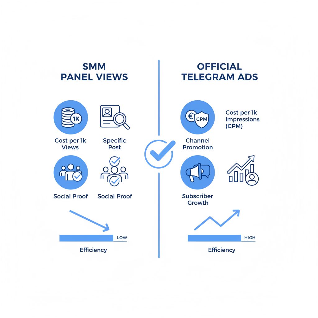 Chart comparing Telegram Premium Post Views from SMM panels versus Telegram Ads, highlighting differences in cost, goal, and targeting.