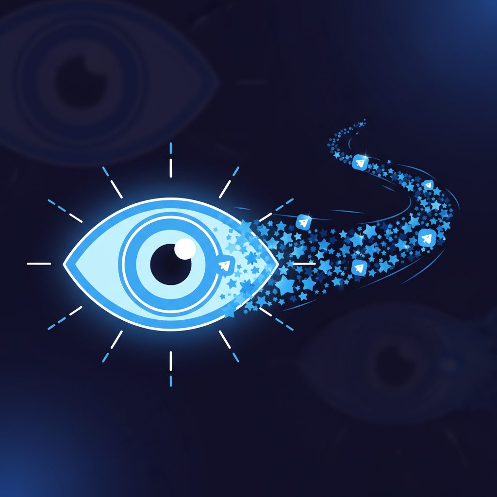 A conceptual illustration of views being added to a Telegram post. The post has a view count icon, and small blue stars symbolizing Premium.