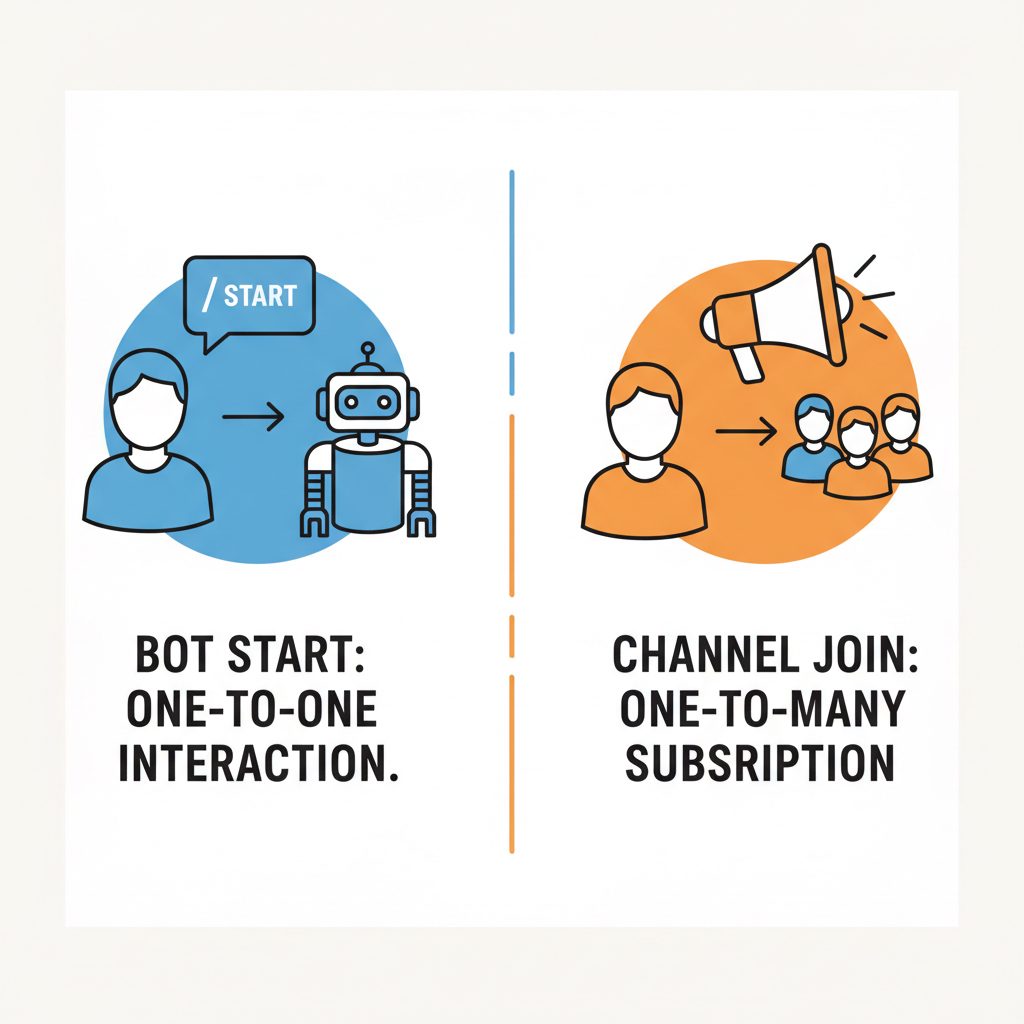 A diagram showing the difference between a Telegram Bot Start and a Channel Join. The Bot Start is a user sending the /start command in a private chat with a bot. The Channel Join is a user clicking 'Join' to subscribe to a broadcast channel.