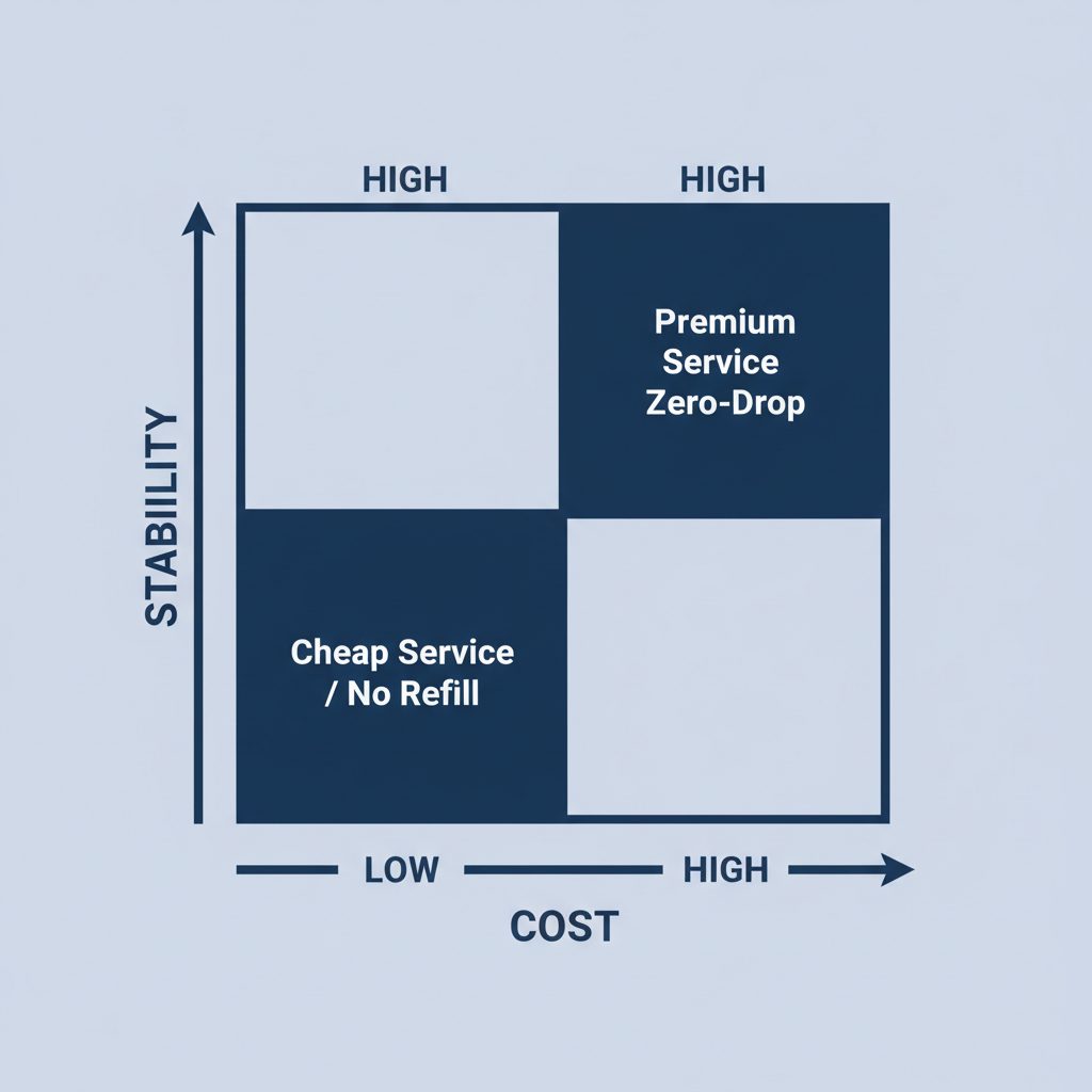 A simple 2x2 chart with 'Cost' on the X-axis (Low to High) and 'Stability' on the Y-axis (Low to High). In the bottom-left quadrant is 'Cheap / No Refill'. In the top-right quadrant is 'Premium / Zero-Drop'. This visually represents the trade-off between cost and member retention.