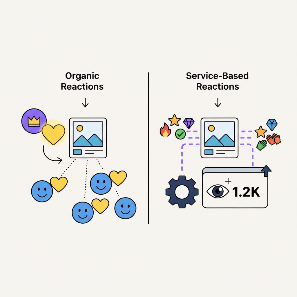 Flowchart comparing organic Telegram reactions vs. using a service.