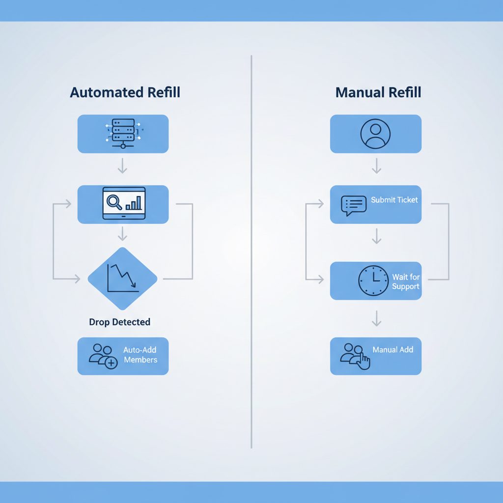 A flowchart comparing an automated refill process with a manual one. The automated path shows a system monitoring the member count and automatically adding new members when a drop is detected. The manual path shows the user detecting a drop, opening a support ticket, waiting for a response, and then waiting for the provider to add members.